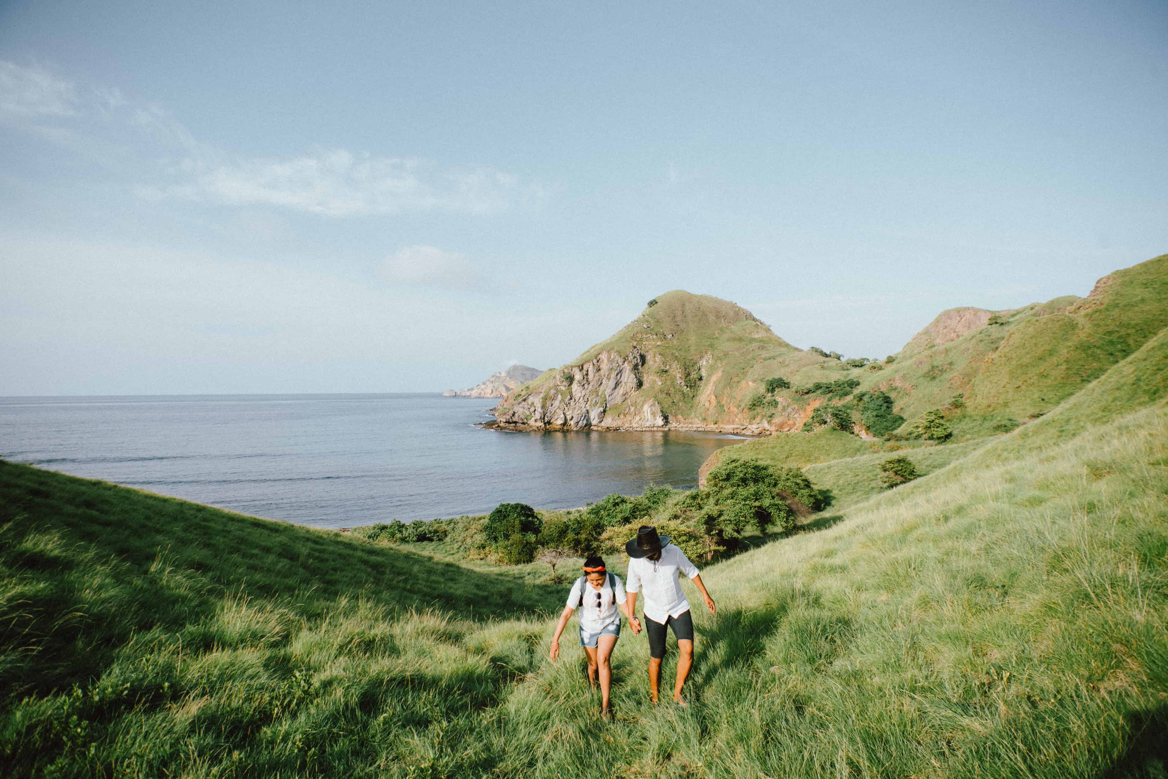 landscape photo of couple walking on green grass